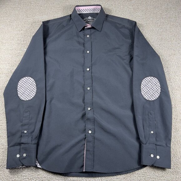 Bachrach Button Up Shirt Elbow Patches Gray Pink Men's Size Large - Picture 1 of 9